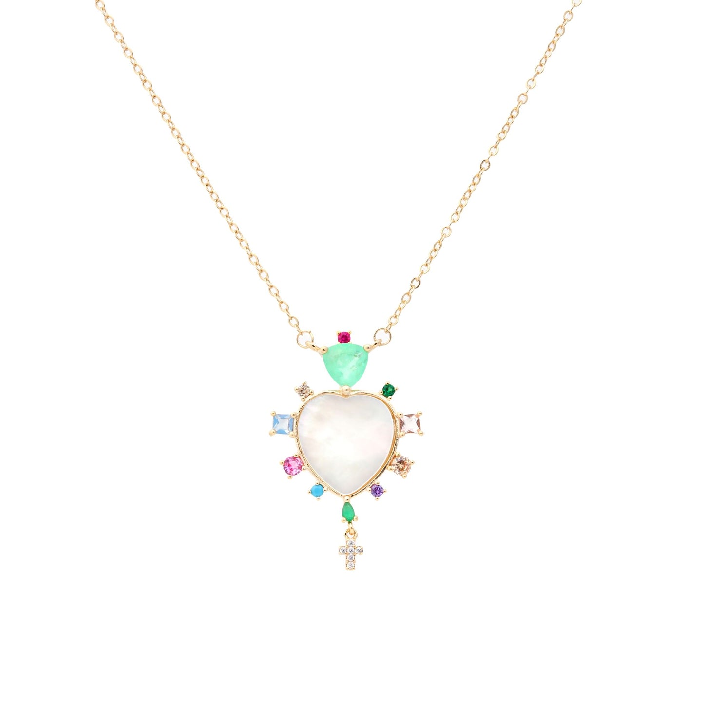 Mother-Of-Pearl Heart Necklace With Stones and a Cross up to 21.6 inch