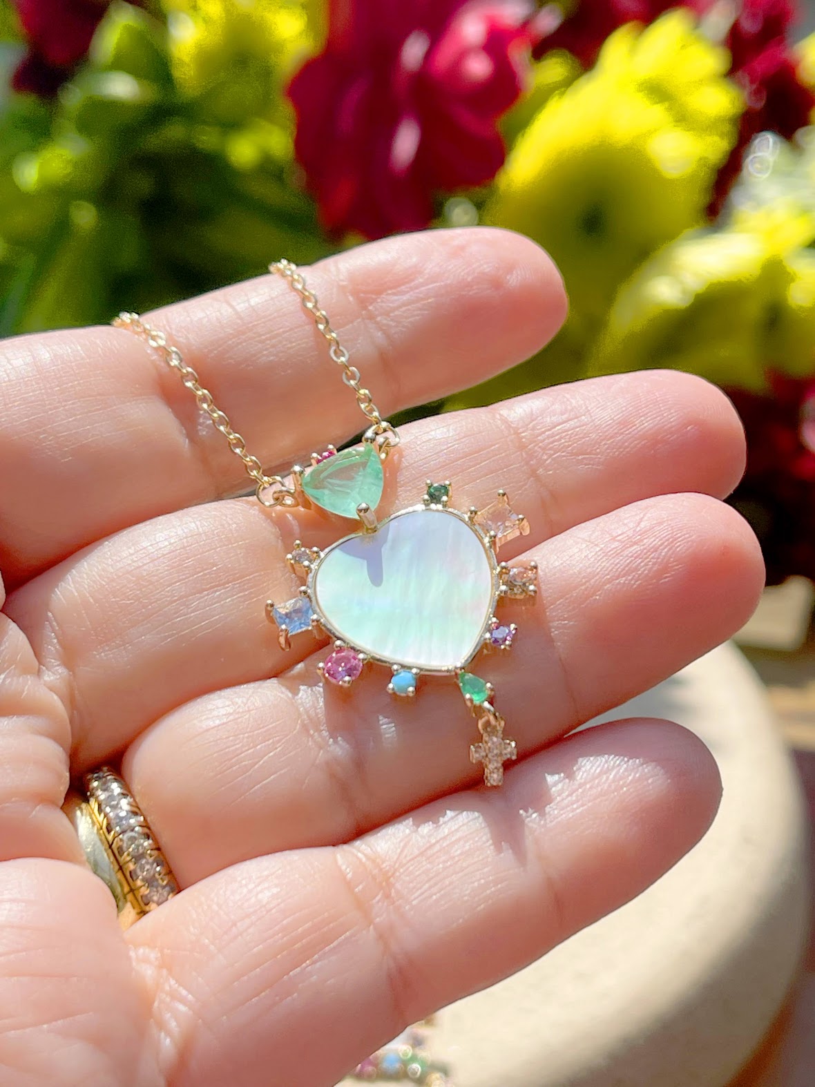 Mother-Of-Pearl Heart Necklace With Stones and a Cross up to 21.6 inch