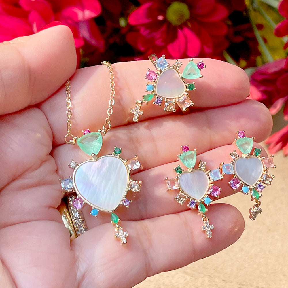 Mother-Of-Pearl Heart Earrings With Stones and a Cross