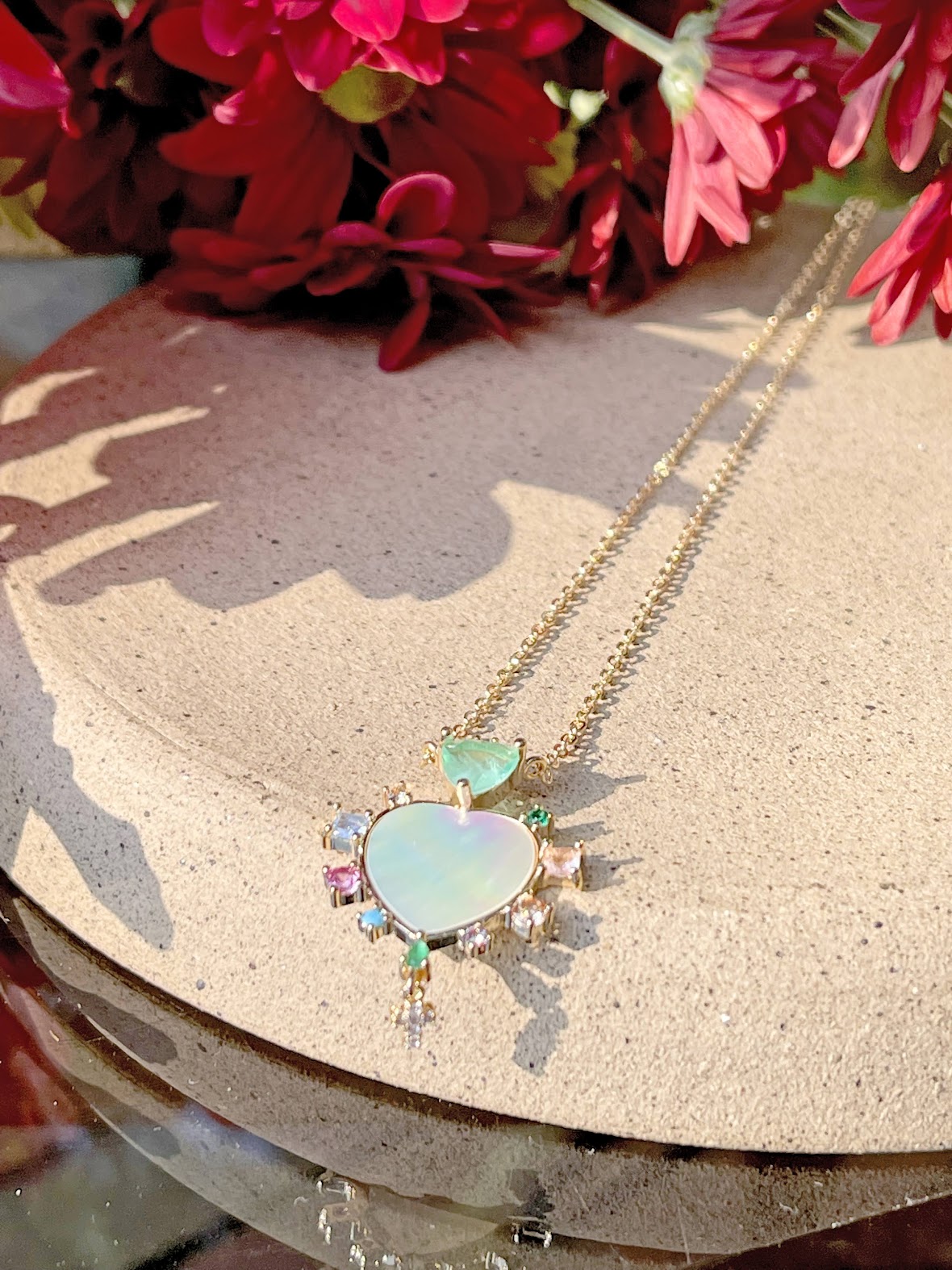 Mother-Of-Pearl Heart Necklace With Stones and a Cross up to 21.6 inch
