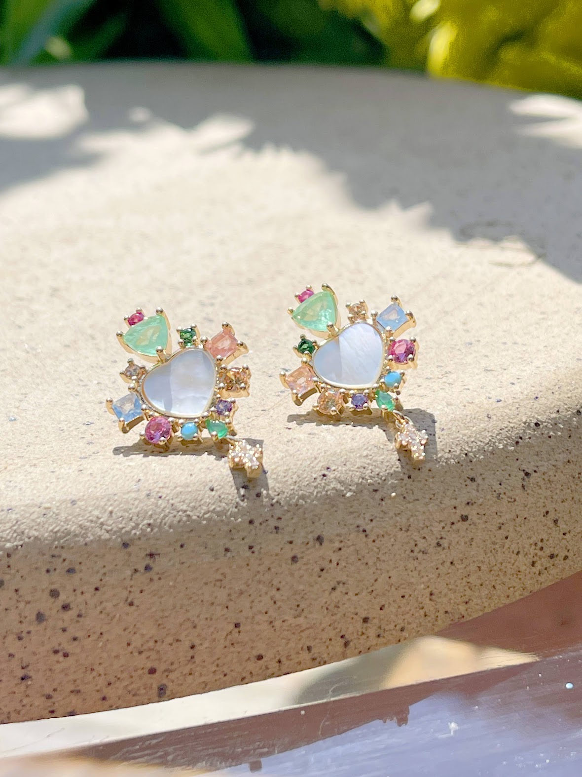 Mother-Of-Pearl Heart Earrings With Stones and a Cross