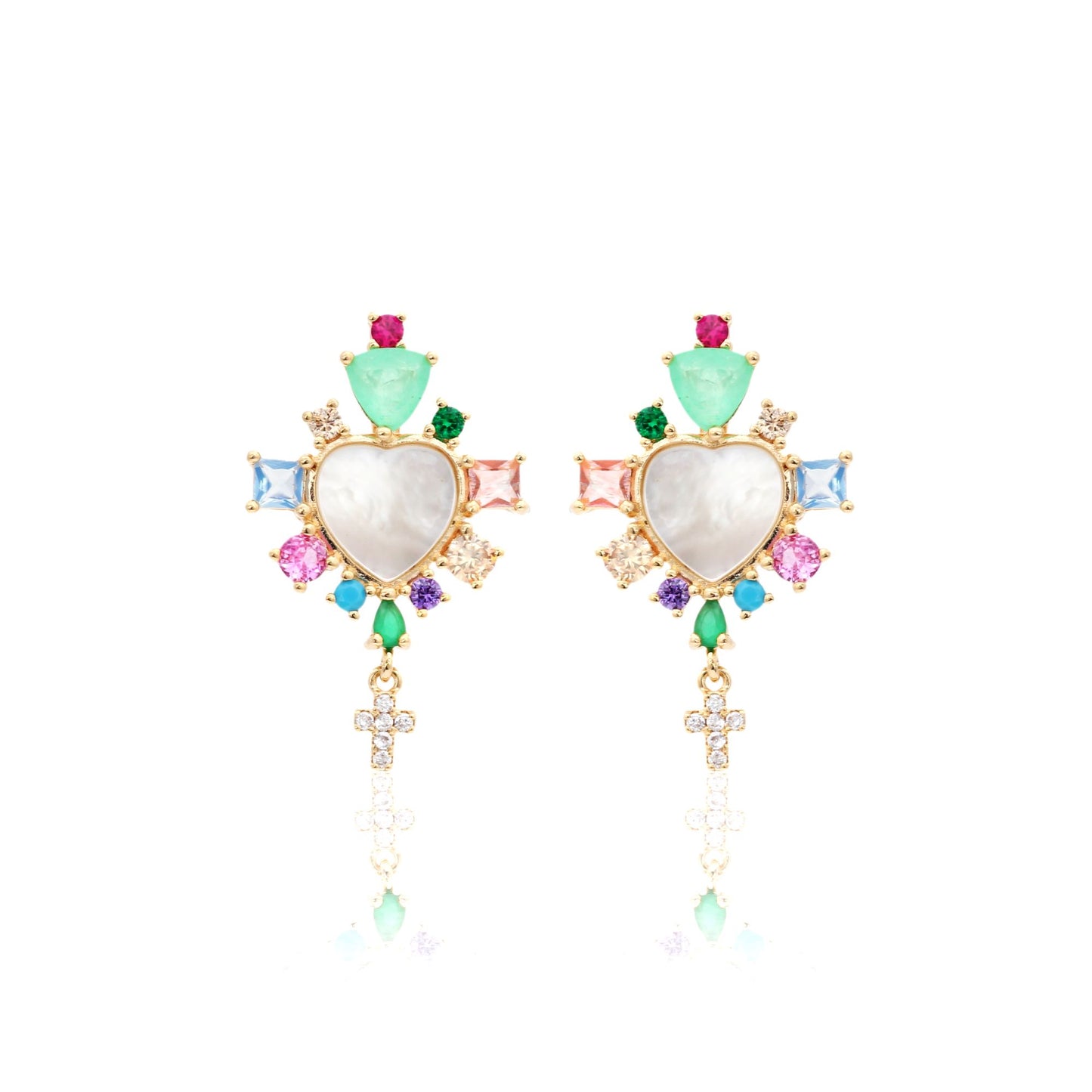 Mother-Of-Pearl Heart Earrings With Stones and a Cross