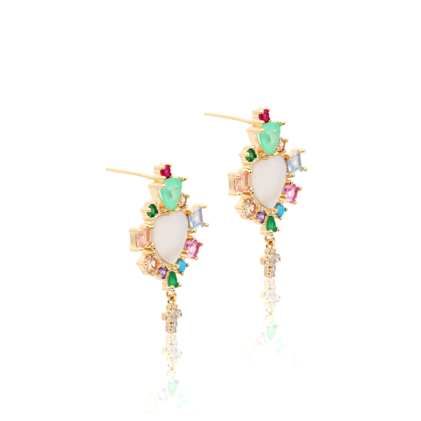 Mother-Of-Pearl Heart Earrings With Stones and a Cross