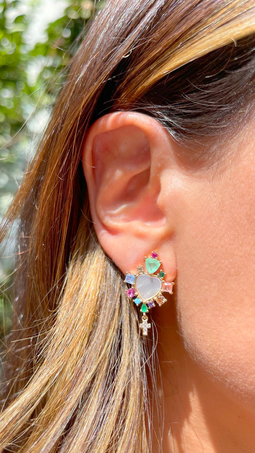Mother-Of-Pearl Heart Earrings With Stones and a Cross