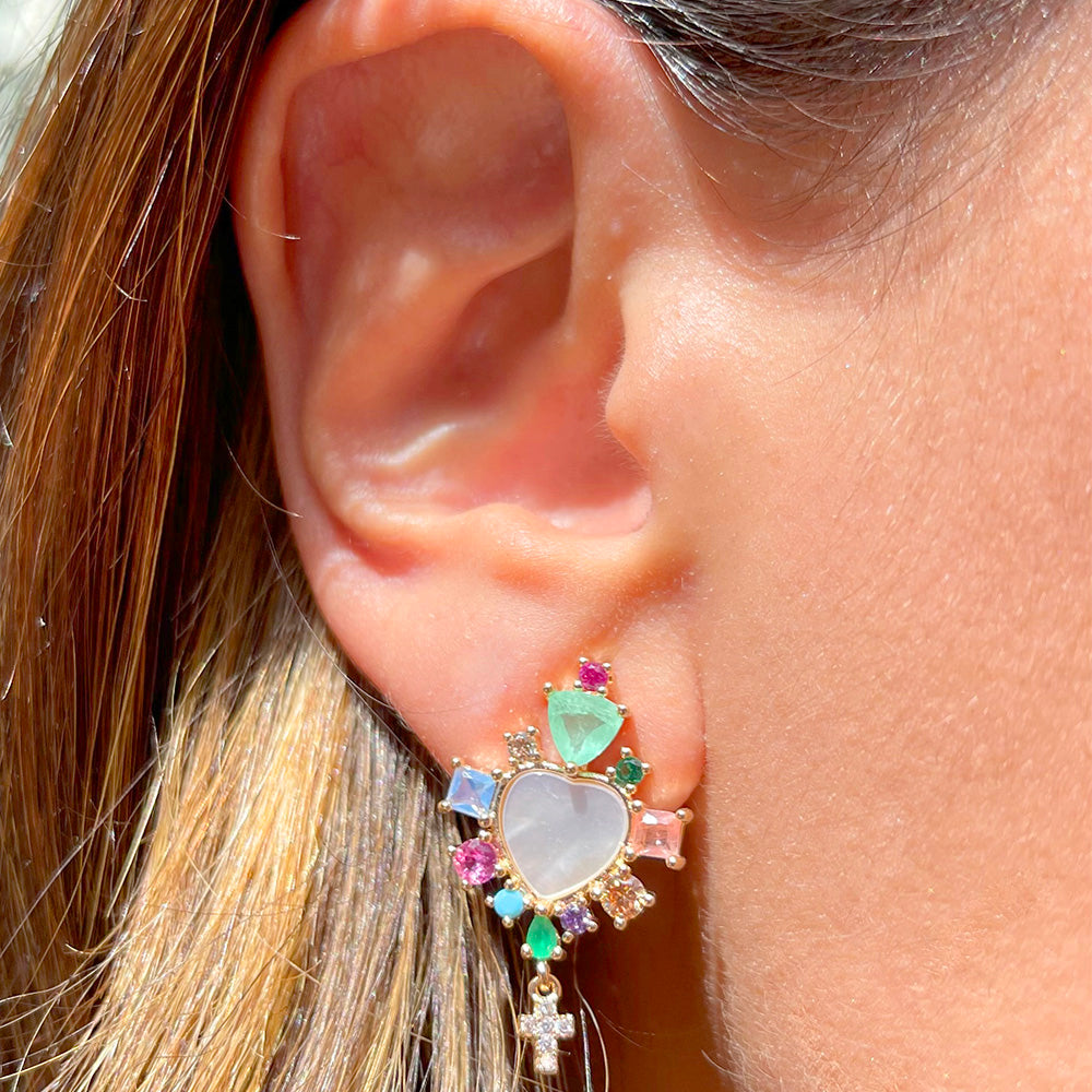 Mother-Of-Pearl Heart Earrings With Stones and a Cross