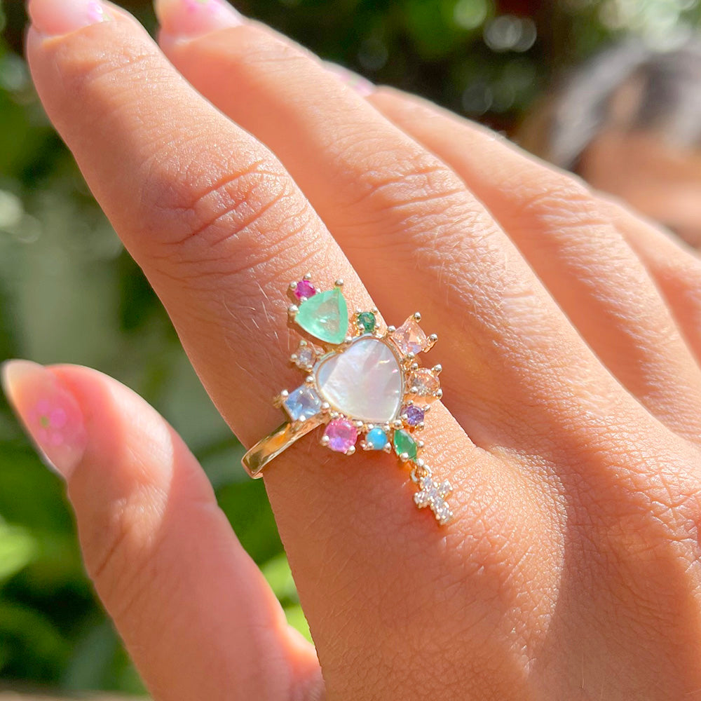 Mother-Of-Pearl Heart Ring With Stones and a Cross