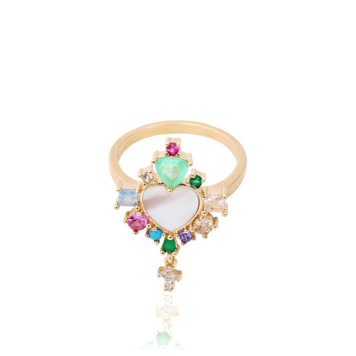 Mother-Of-Pearl Heart Ring With Stones and a Cross