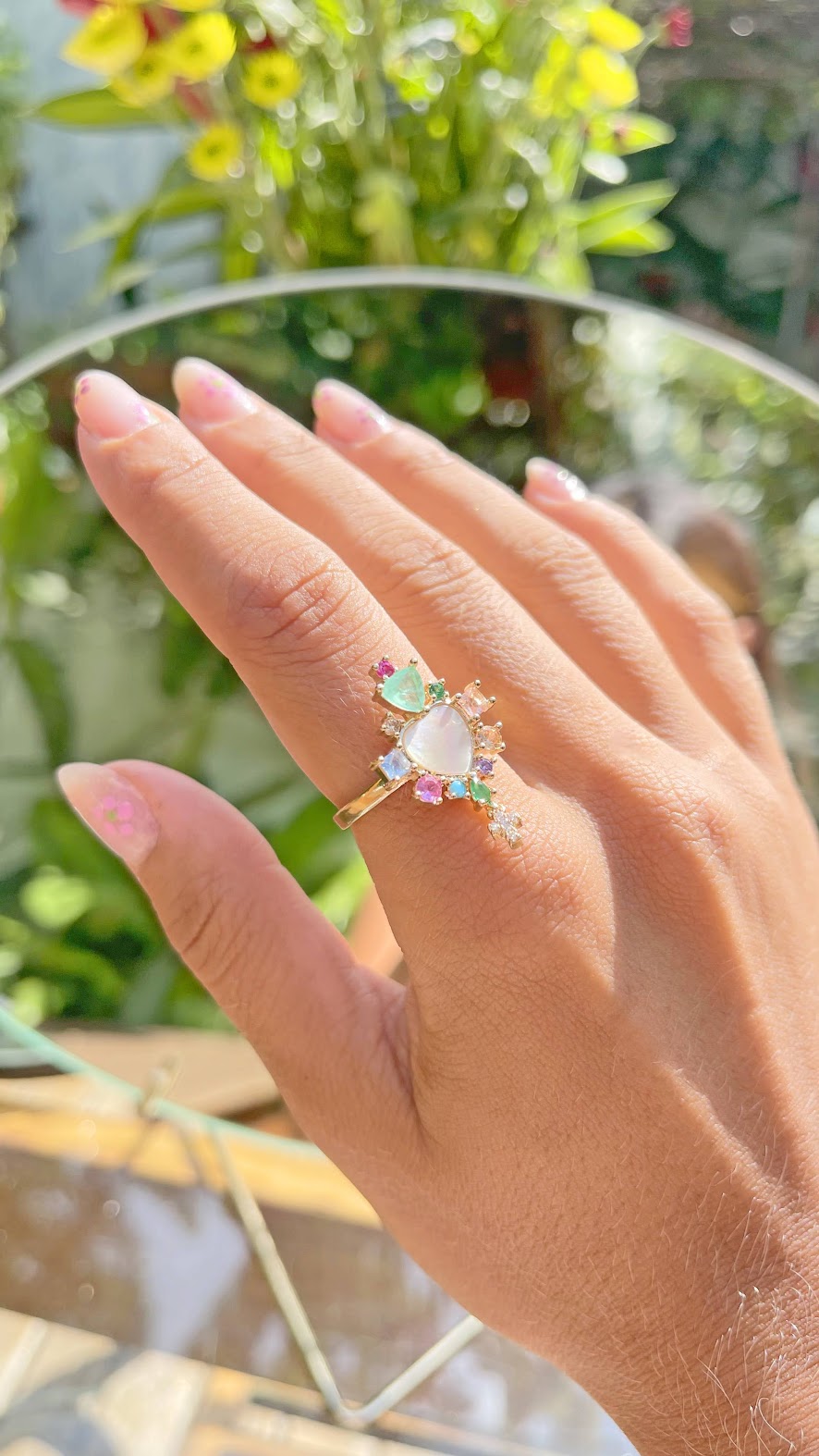 Mother-Of-Pearl Heart Ring With Stones and a Cross