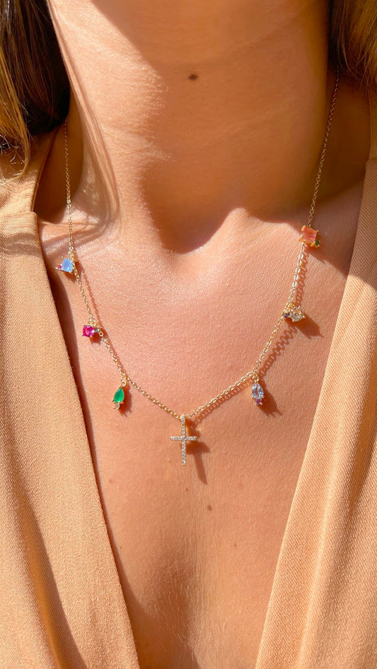 Colored Crystals and stud cross Necklace