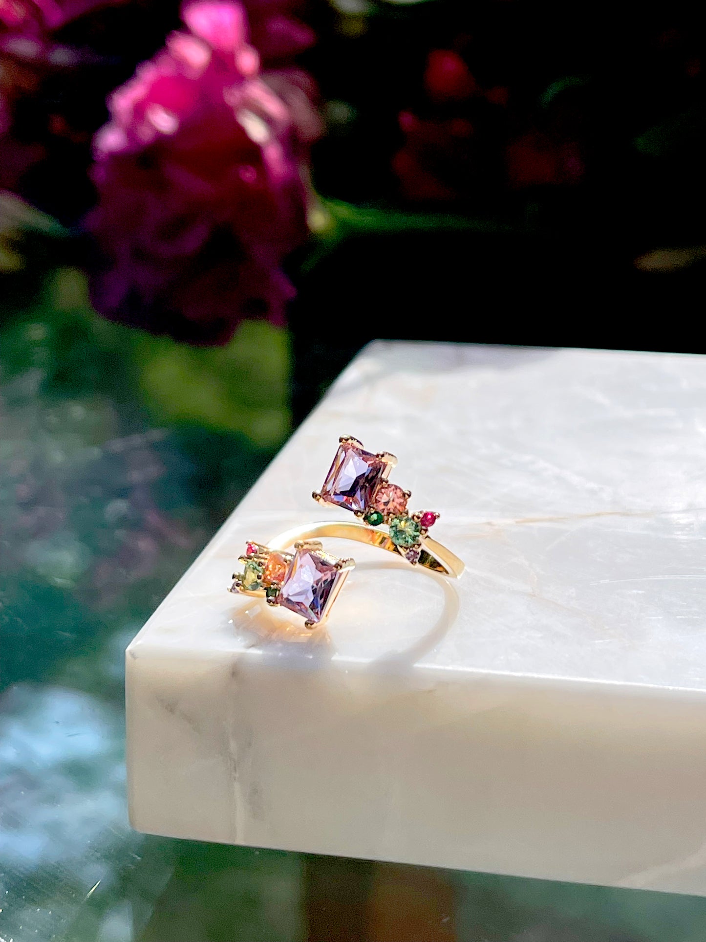 Amethyst Square and Colorful Crystals Ring