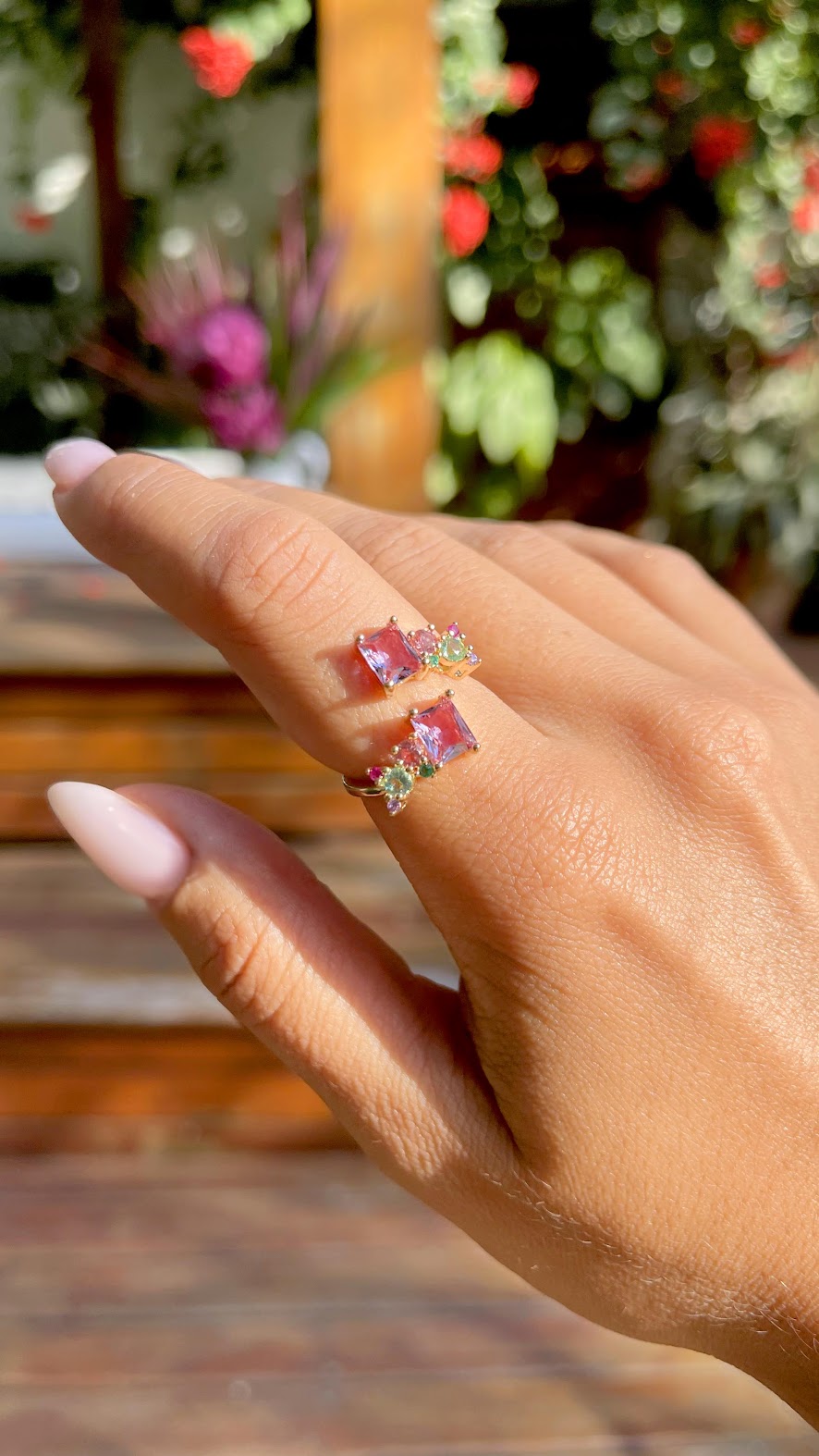 Amethyst Square and Colorful Crystals Ring