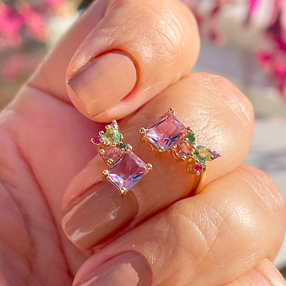 Amethyst Square and Colorful Crystals Ring