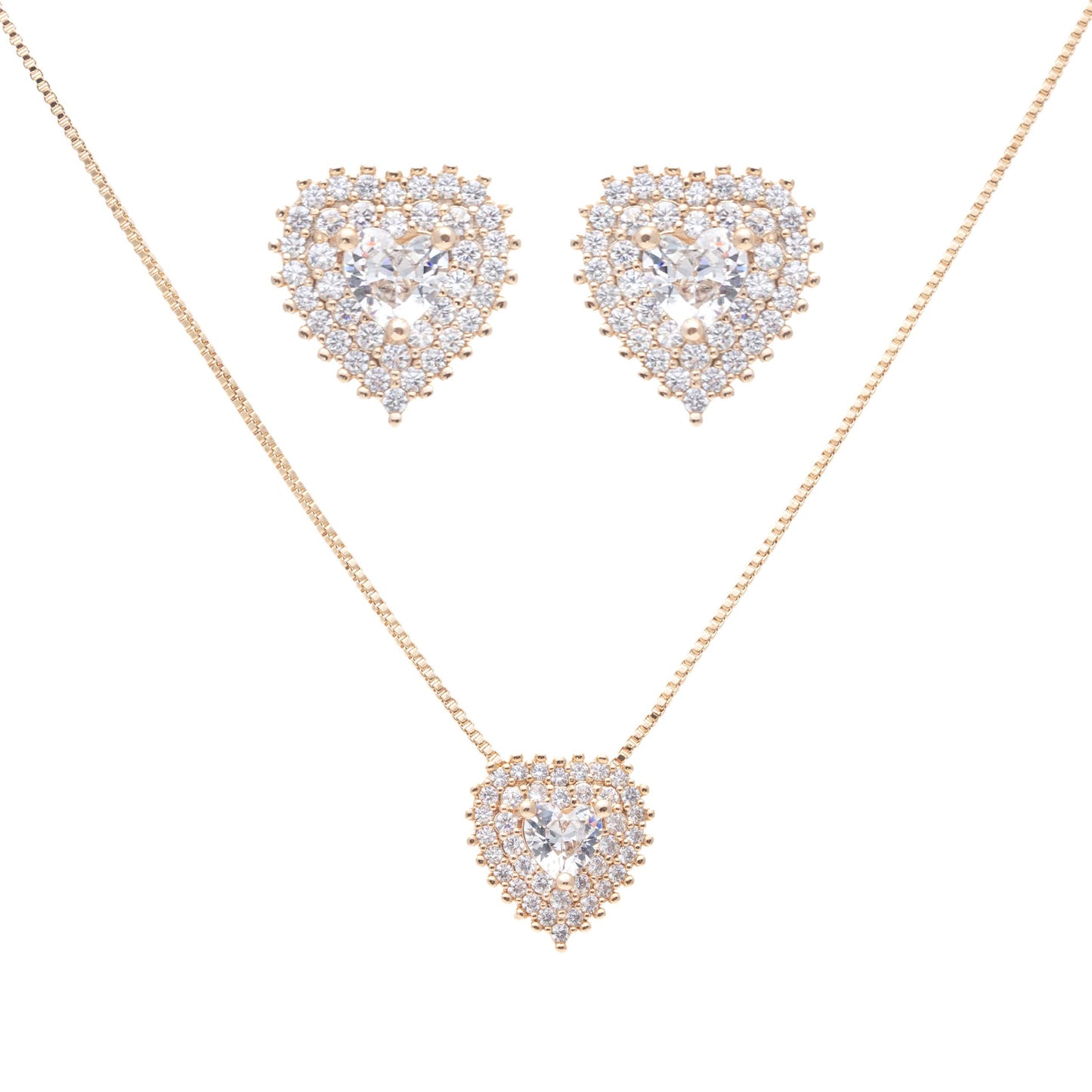 18K gold plated heart shapped set with white CZ (necklace + earrings)
