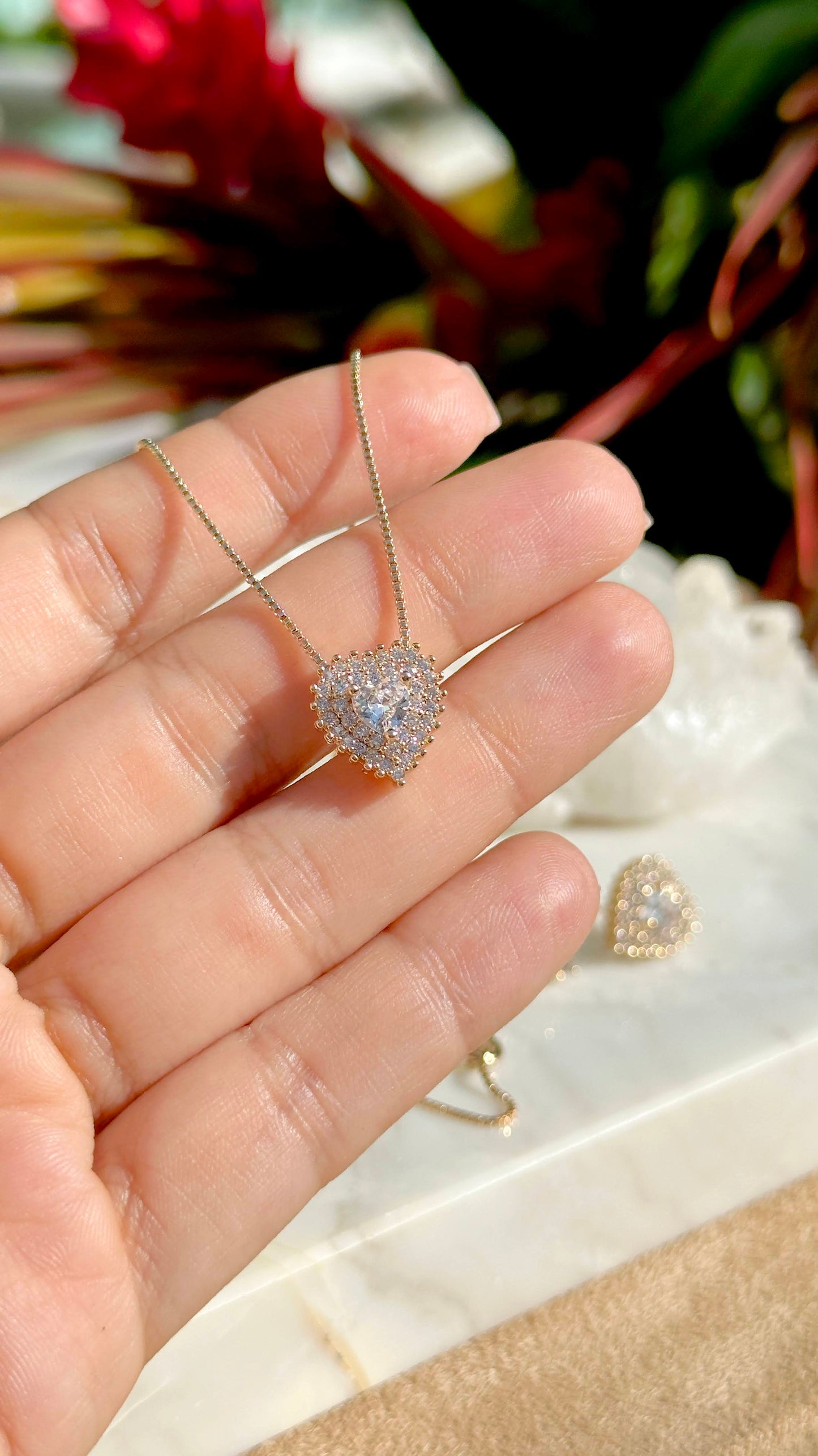 18K gold plated heart shapped set with white CZ (necklace + earrings)