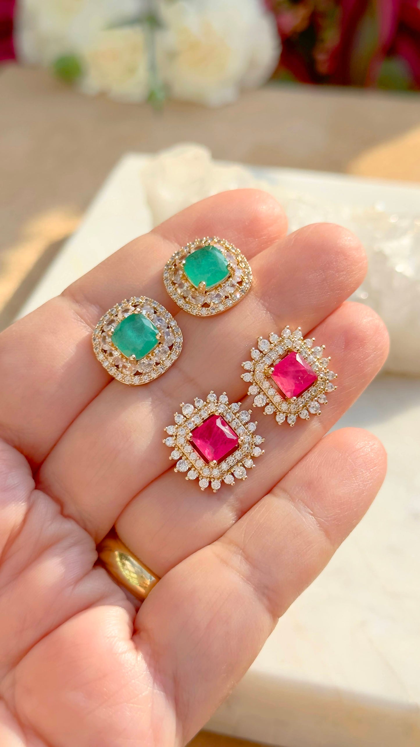 18K gold plated pink tourmaline fusion square earring with white CZ