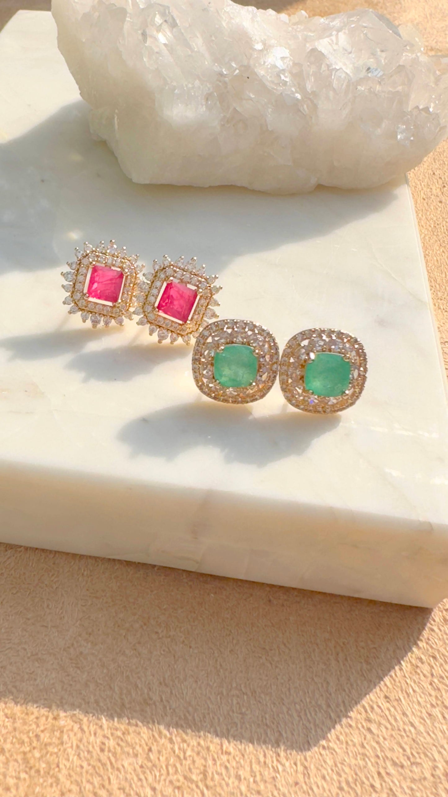18K gold plated pink tourmaline fusion square earring with white CZ