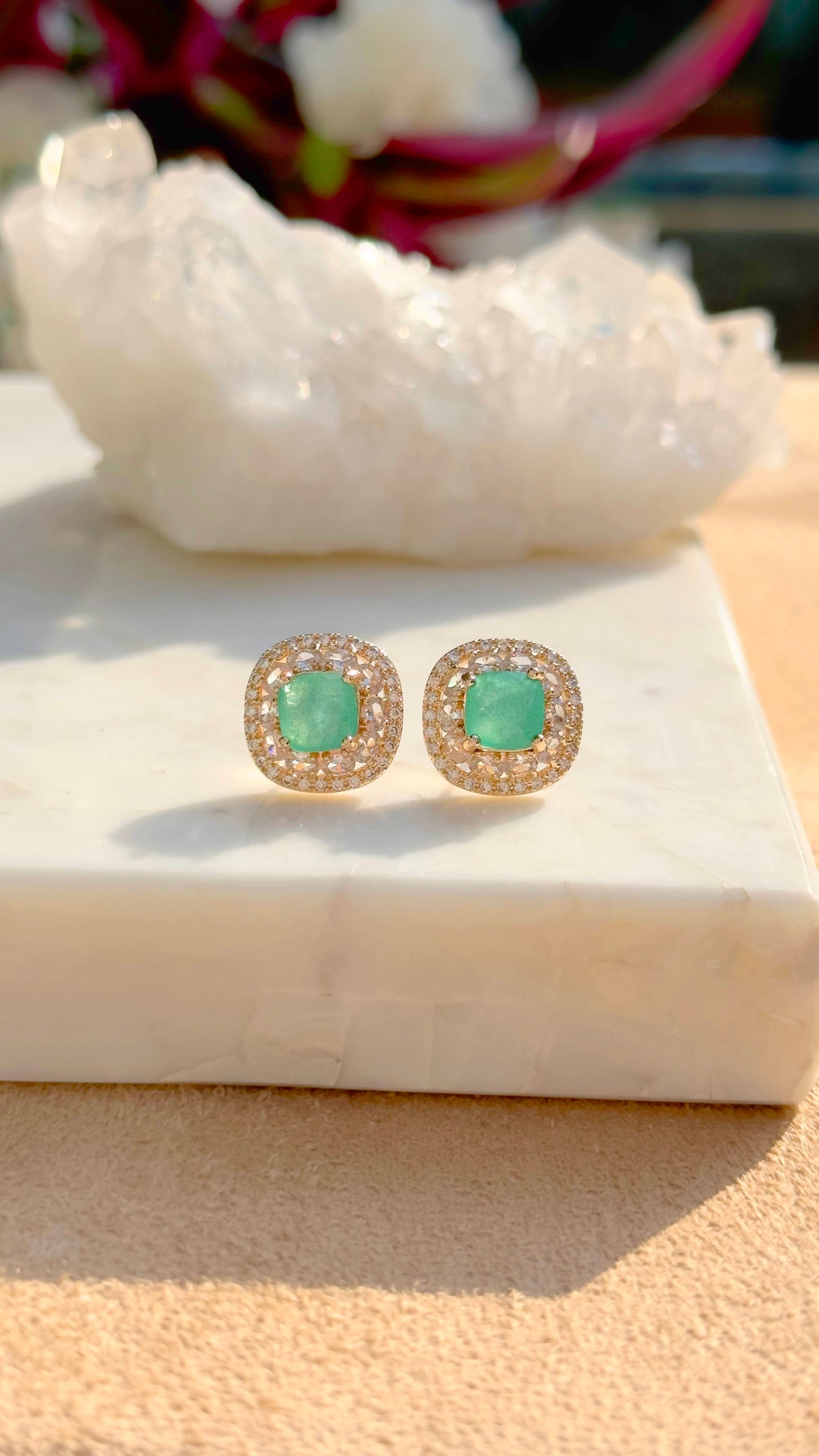 18K gold plated tourmaline fusion square earring with white CZ