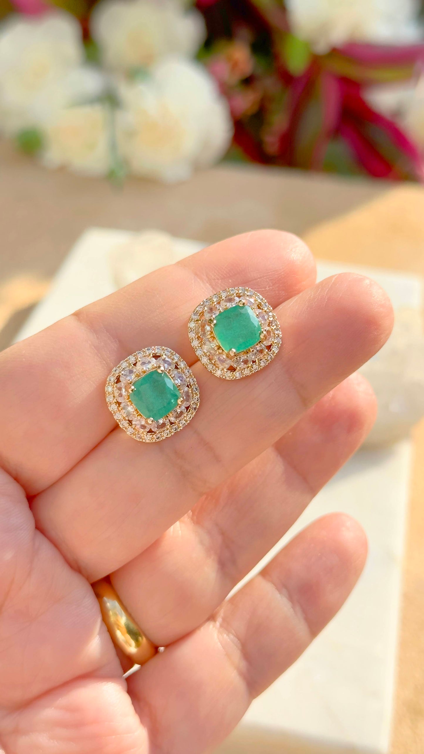 18K gold plated tourmaline fusion square earring with white CZ