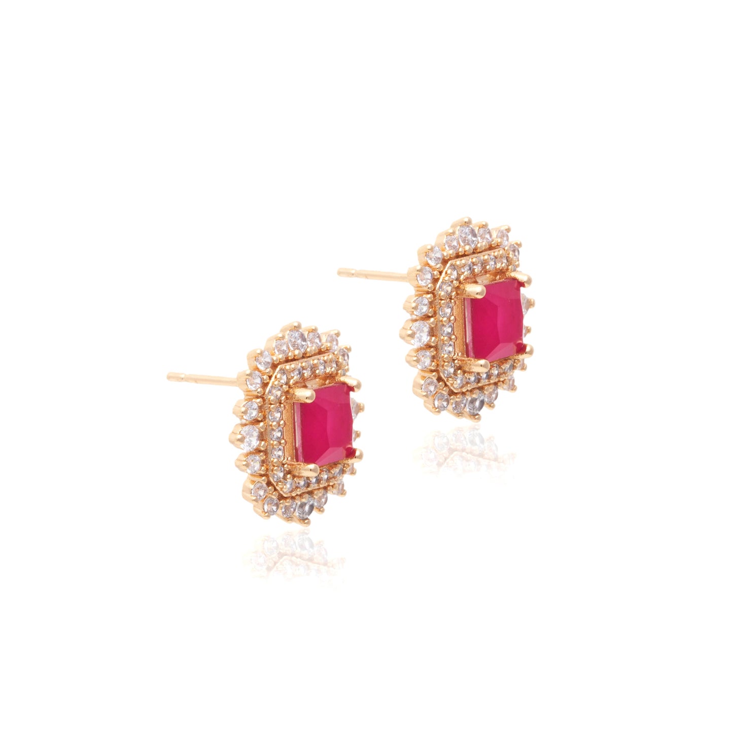 18K gold plated pink tourmaline fusion square earring with white CZ