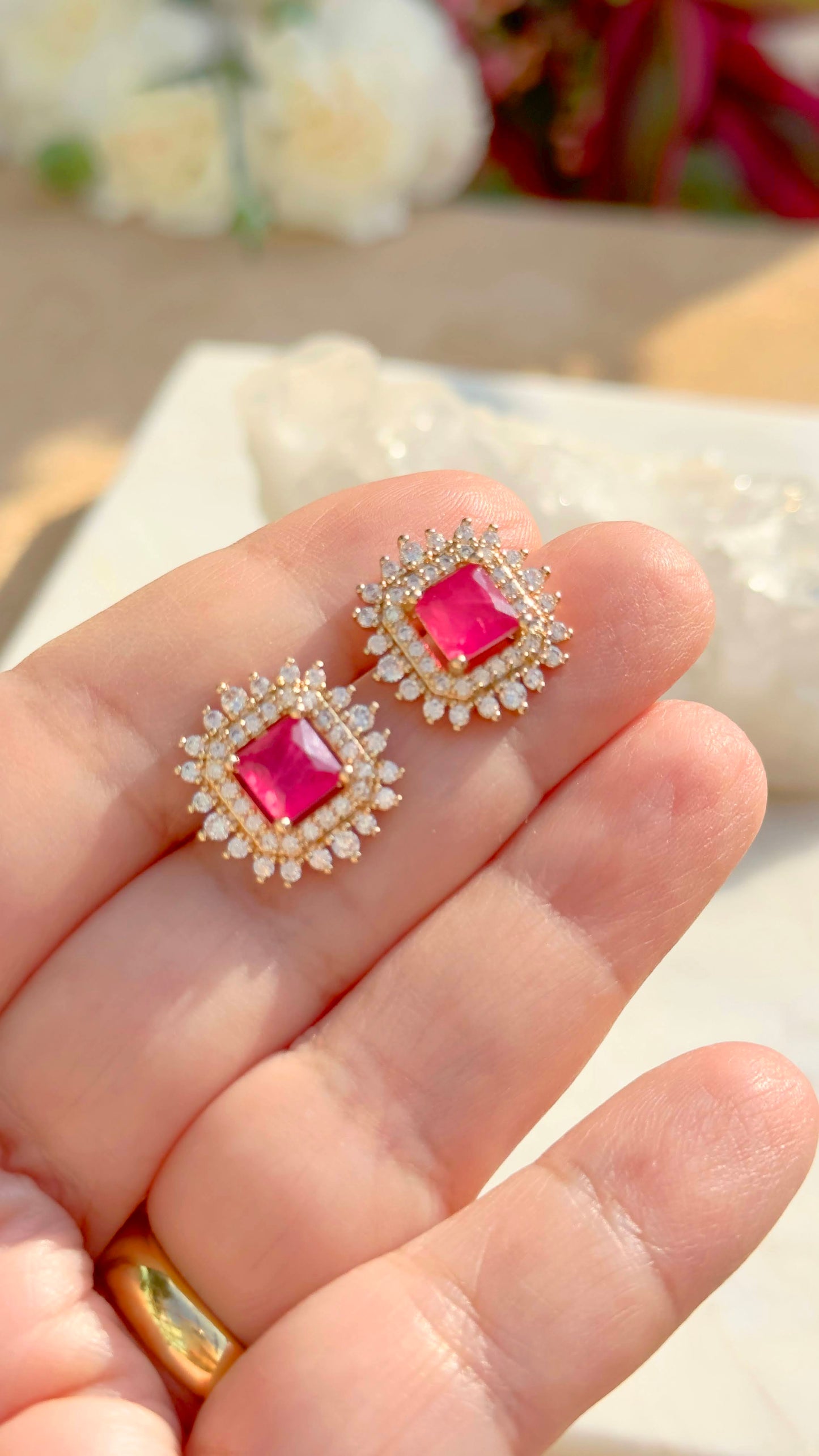 18K gold plated pink tourmaline fusion square earring with white CZ