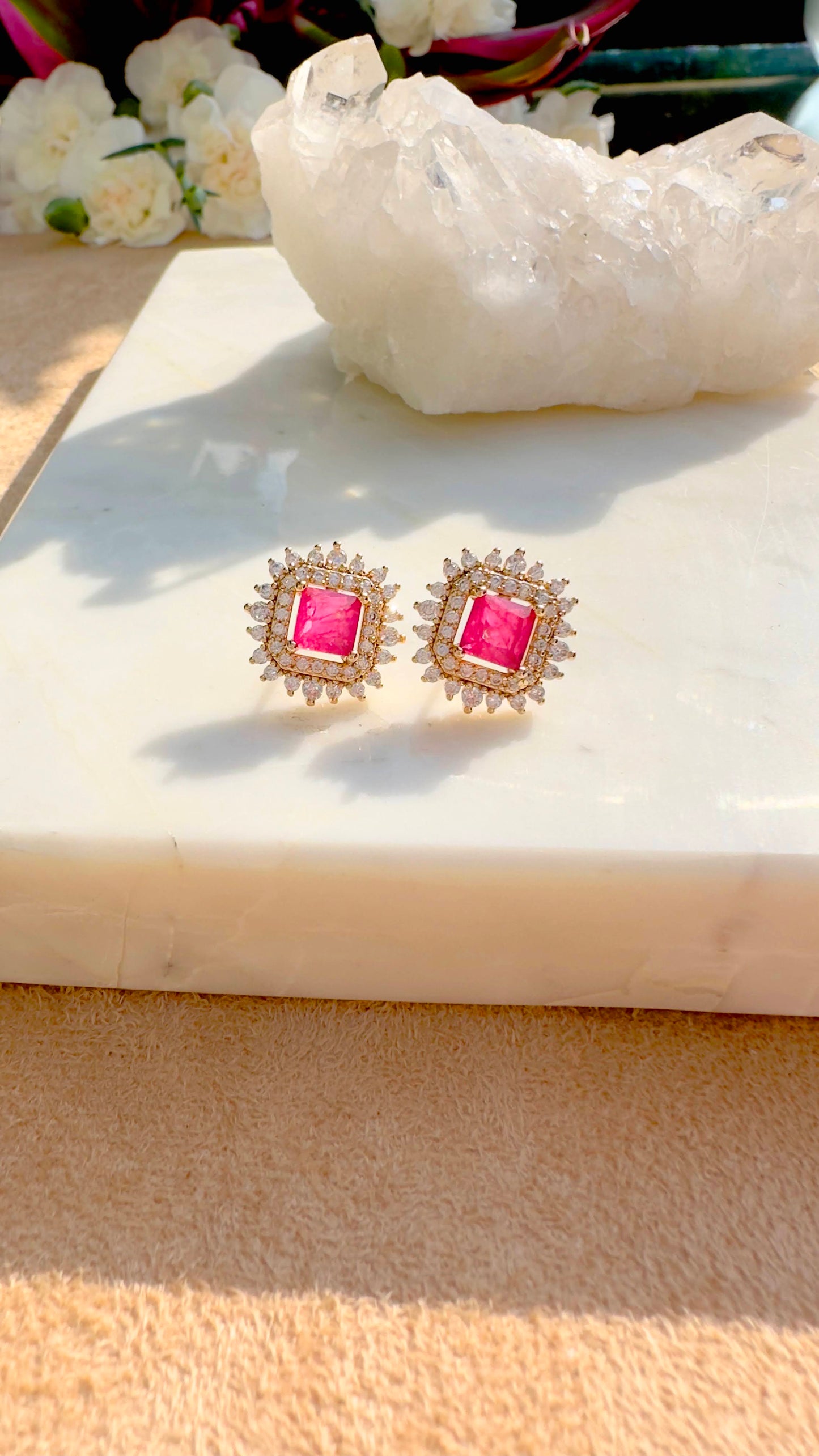 18K gold plated pink tourmaline fusion square earring with white CZ