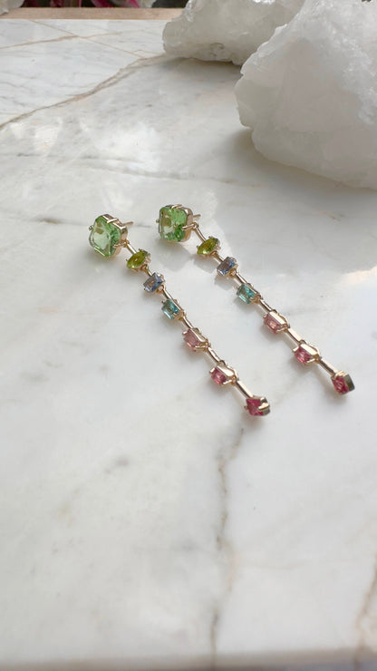 18K gold plated green amethyst crystal earring with colorful crystals pendant