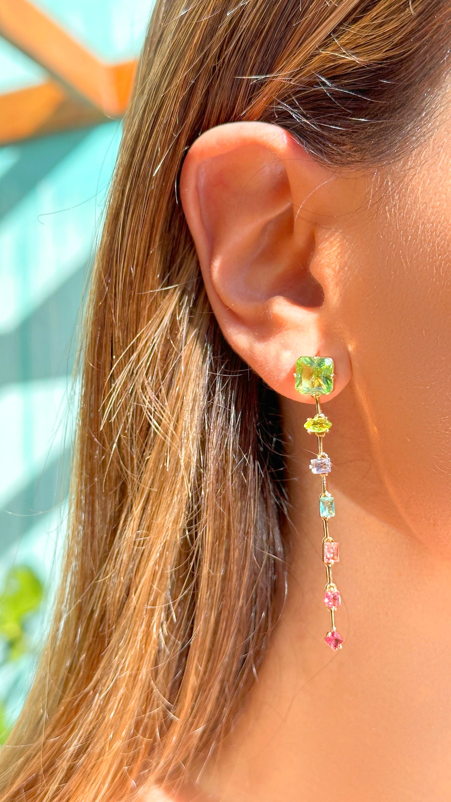 18K gold plated green amethyst crystal earring with colorful crystals pendant
