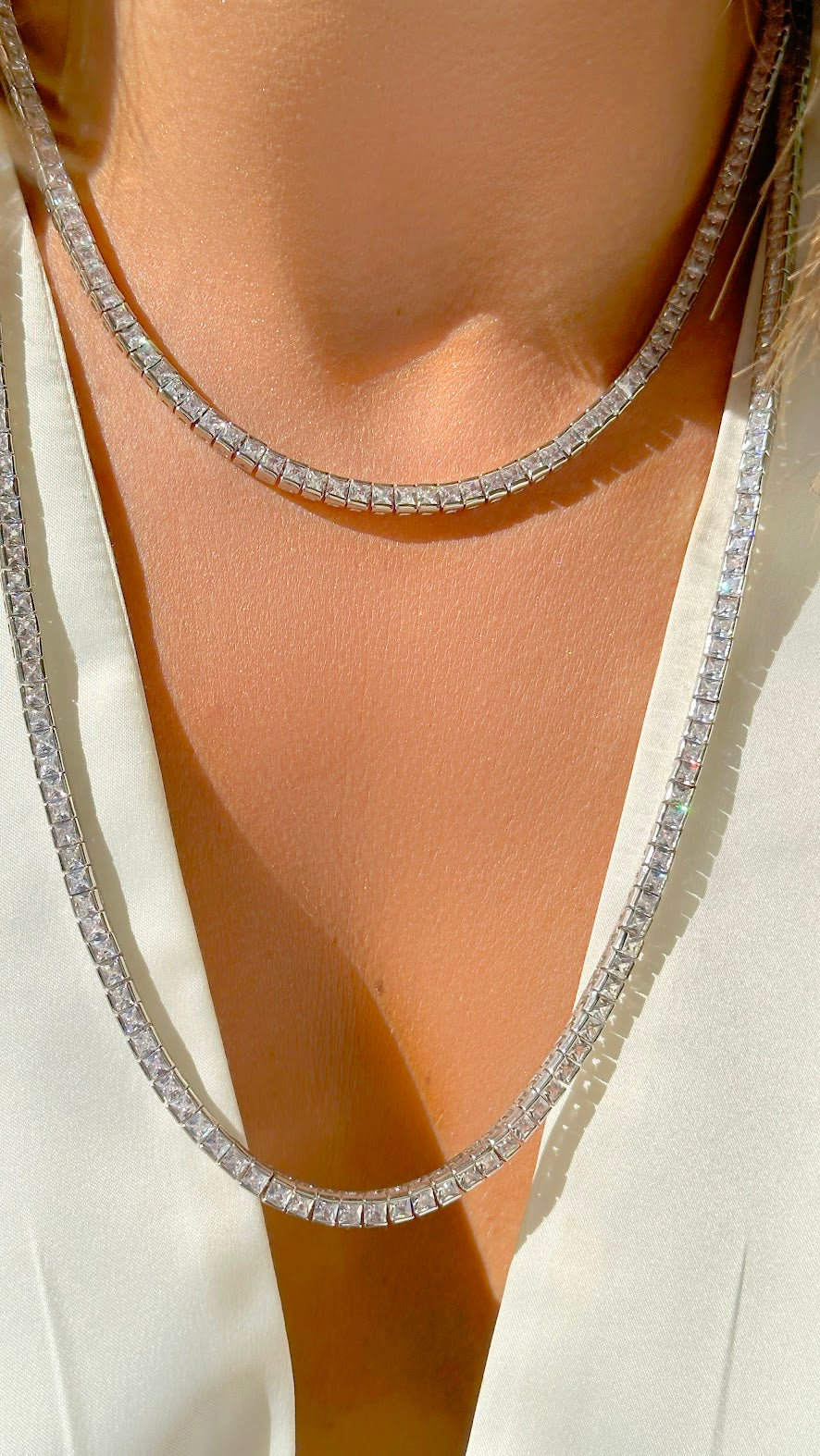 Tennis necklace with white squares zirconia 16.5 inch (Riviera)