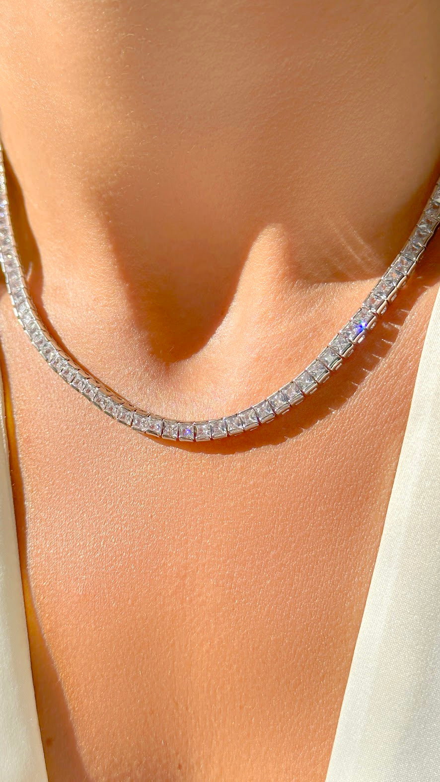 Tennis necklace with white squares zirconia 16.5 inch (Riviera)