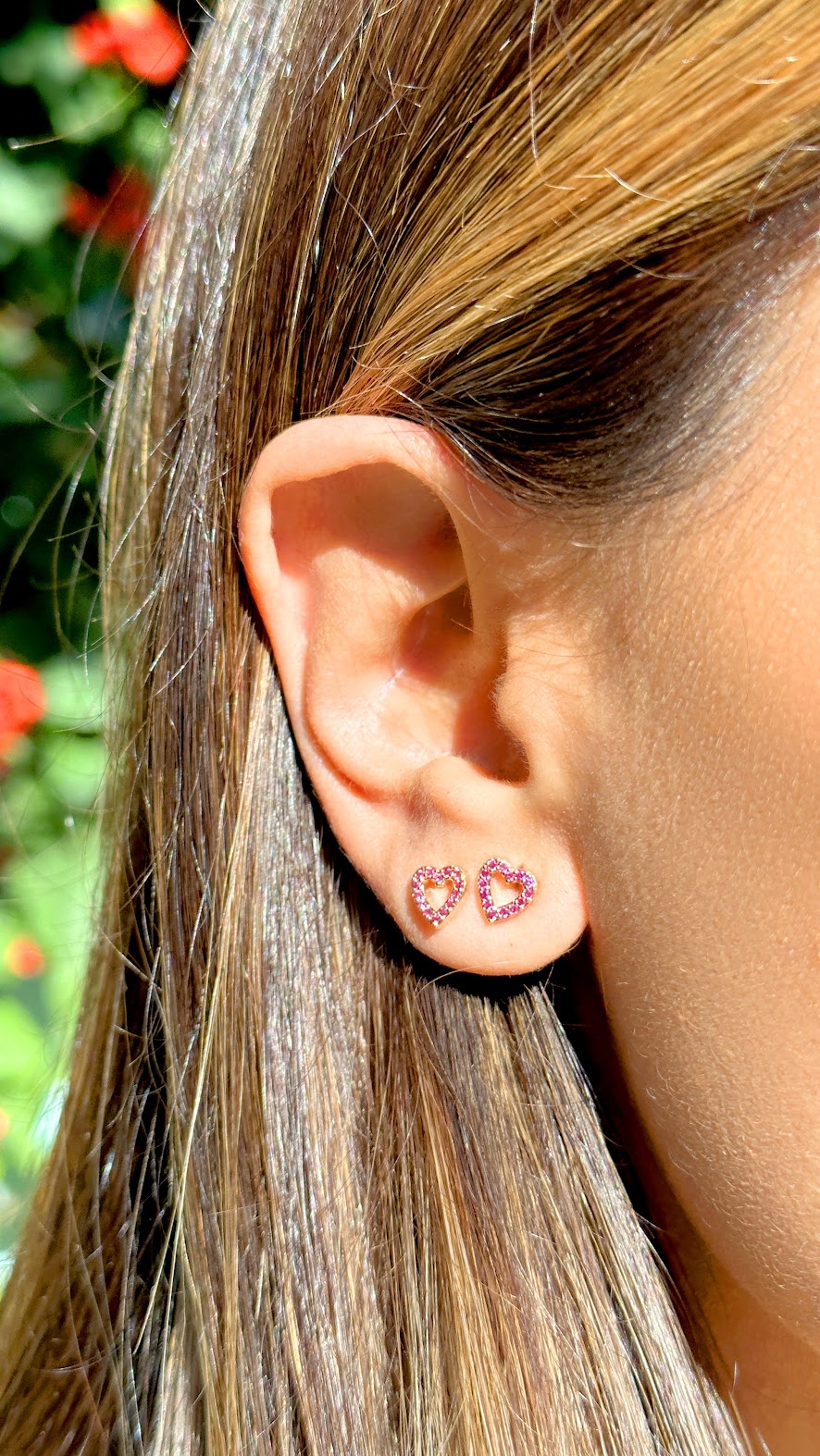 Hollow Heart Earrings with Red Zirconia 18k Gold Plated
