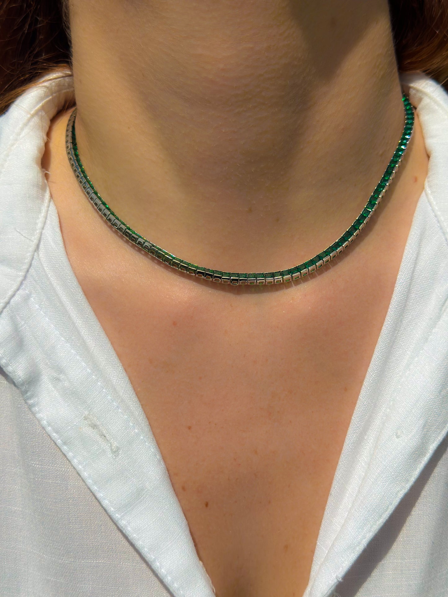 Green zirconia square tennis necklace
