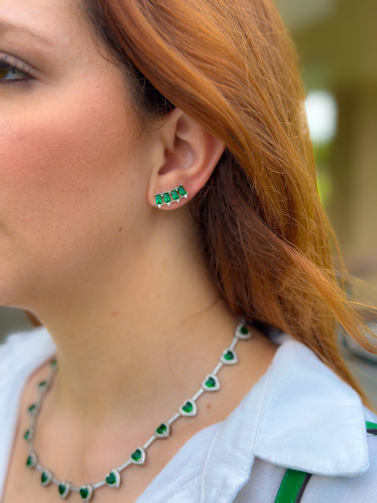 Green zirconia ear climber earrings in white rhodium plating