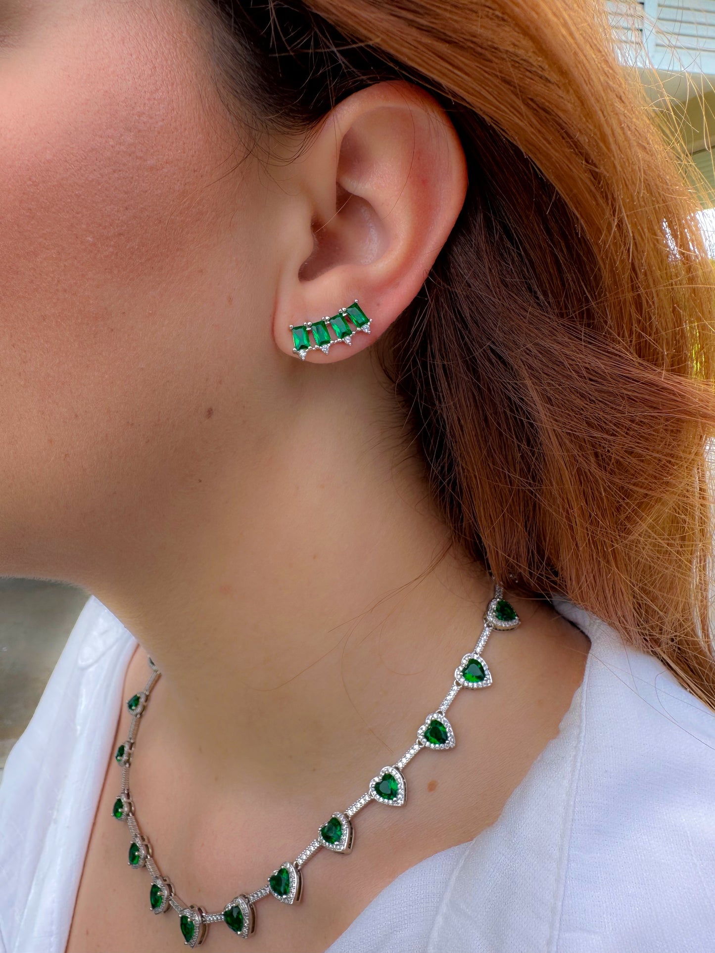 Green zirconia ear climber earrings in white rhodium plating