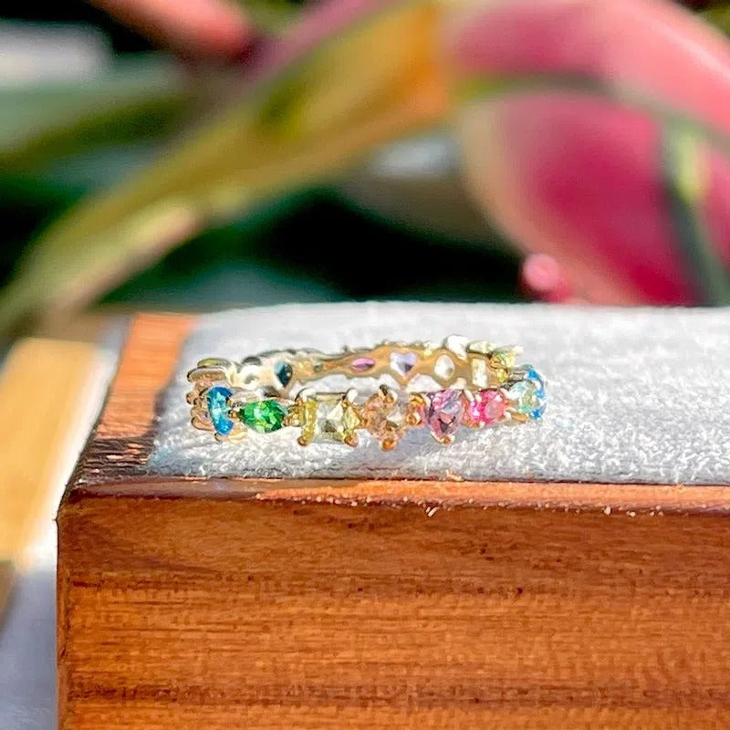 18K gold plated ring with colorful crystals in different shapes