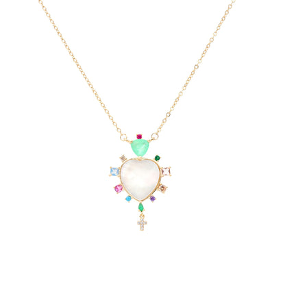 Mother-Of-Pearl Heart Necklace With Stones and a Cross up to 21.6 inch