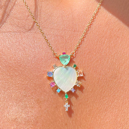 Mother-Of-Pearl Heart Necklace With Stones and a Cross up to 21.6 inch