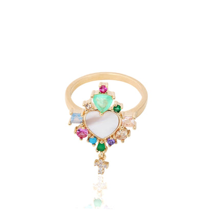 Mother-Of-Pearl Heart Ring With Stones and a Cross