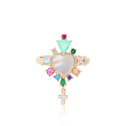Mother-Of-Pearl Heart Ring With Stones and a Cross