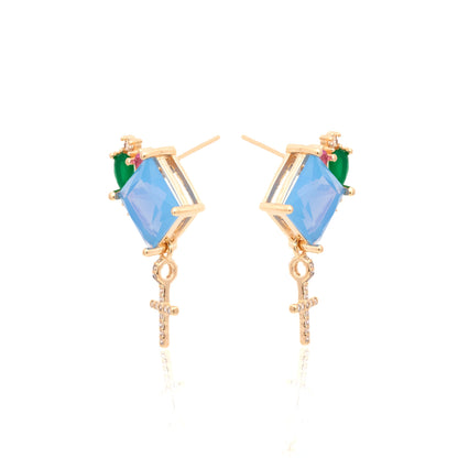 Blue Opal Crystal and Stud Cross Earrings