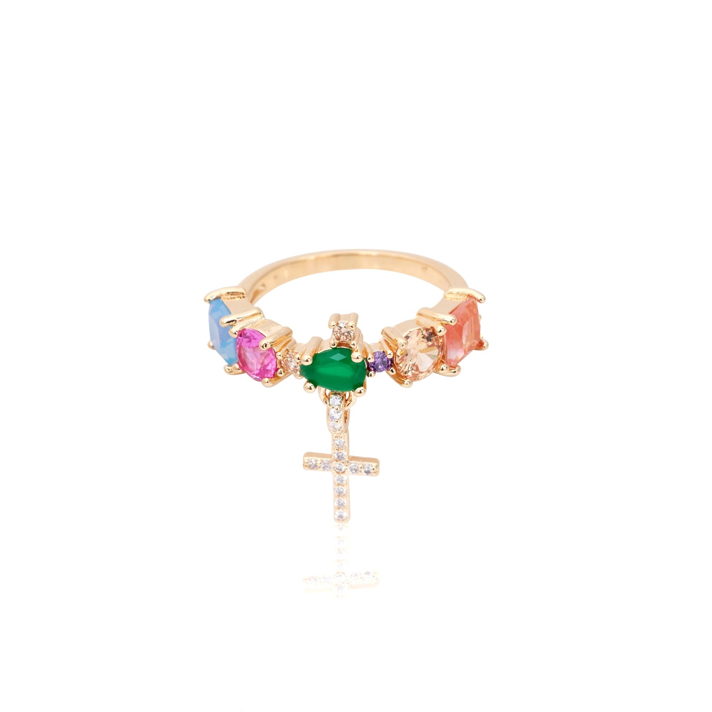Colored crystals and hanging stud cross ring