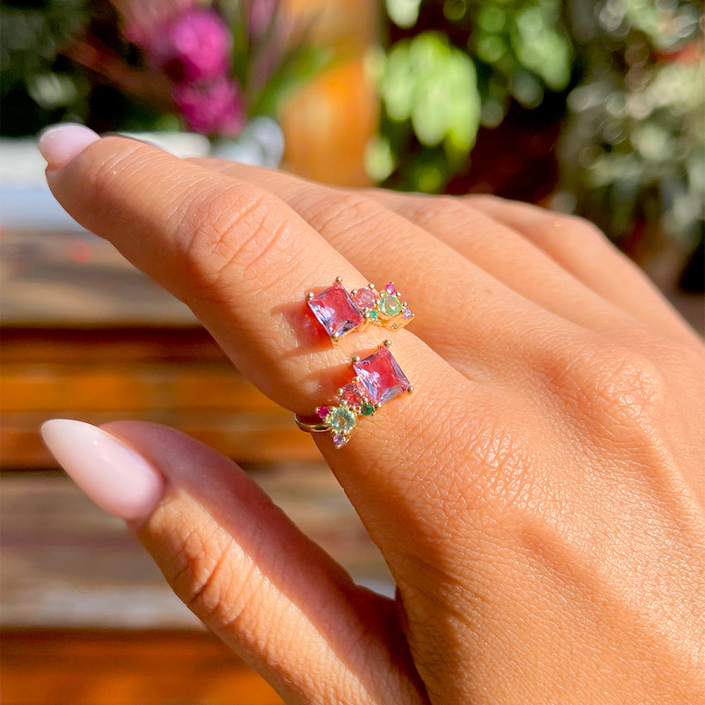 Amethyst Square and Colorful Crystals Ring