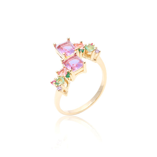 Amethyst Square and Colorful Crystals Ring