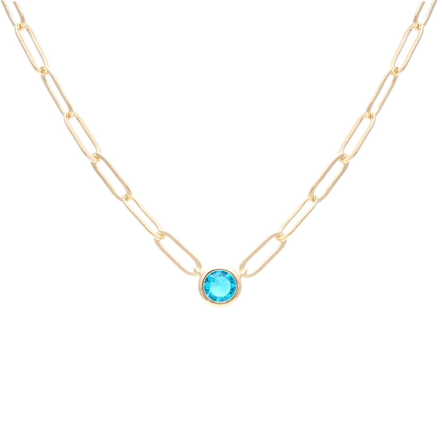 Paper clip chain necklace with fixed round topaz pendant