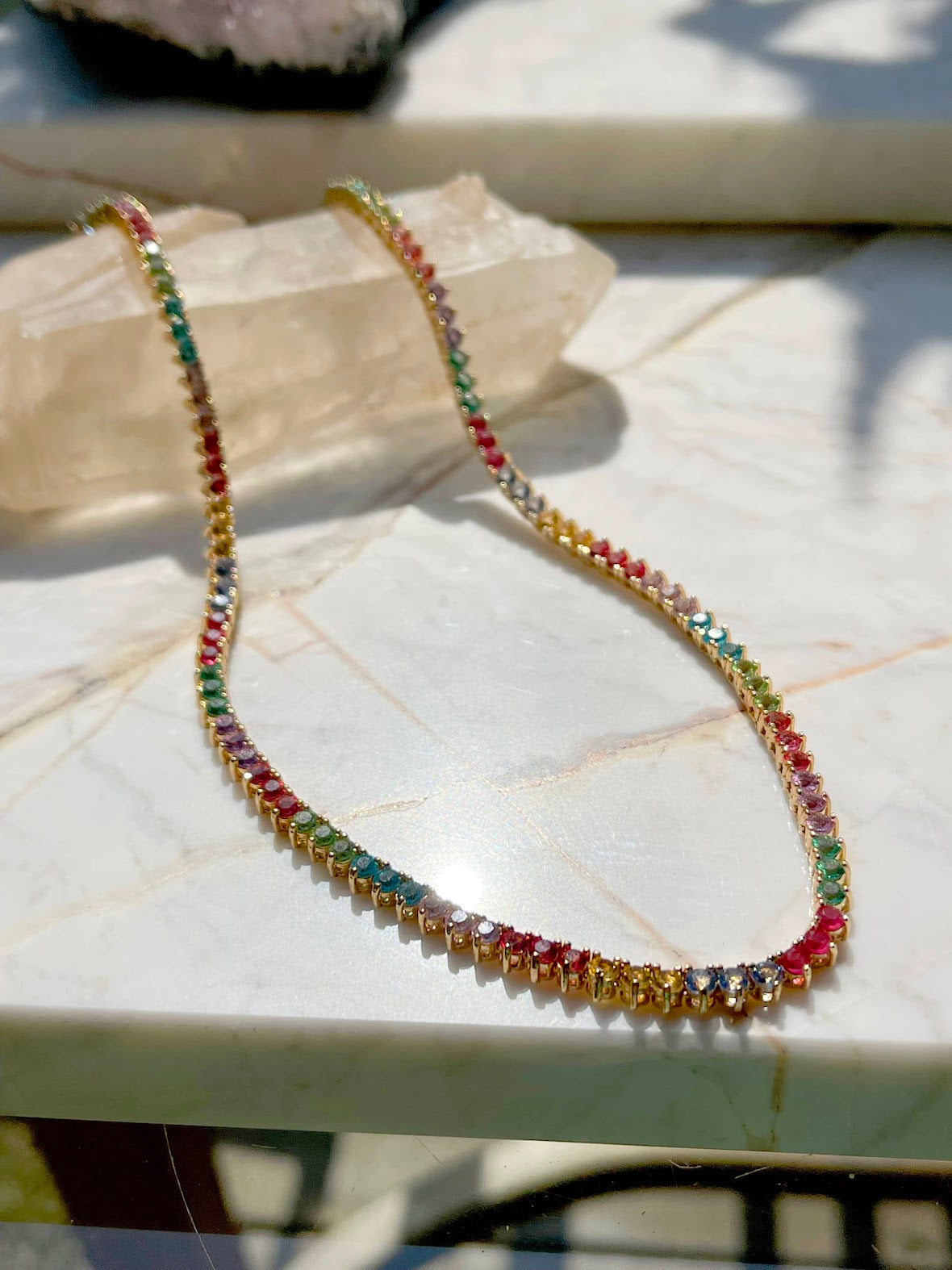 Tennis necklace with colorful crystals 18k gold plated