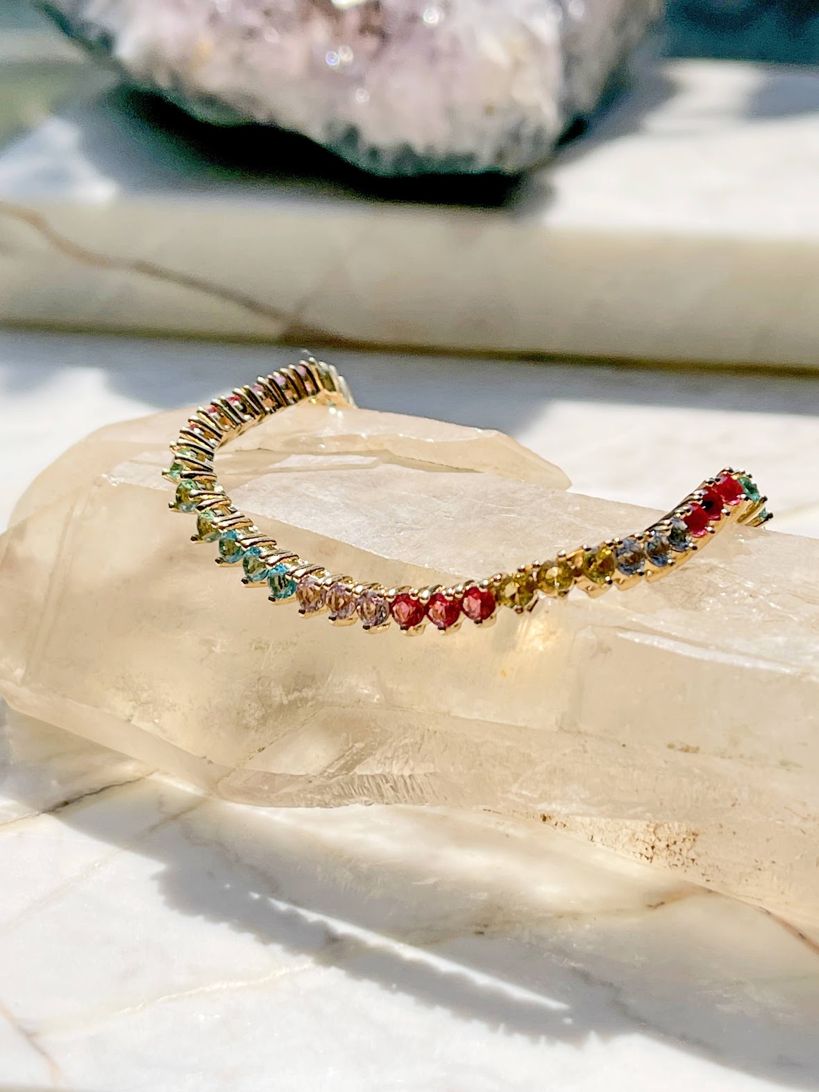 Tennis bracelet with colorful crystals 18k gold plated
