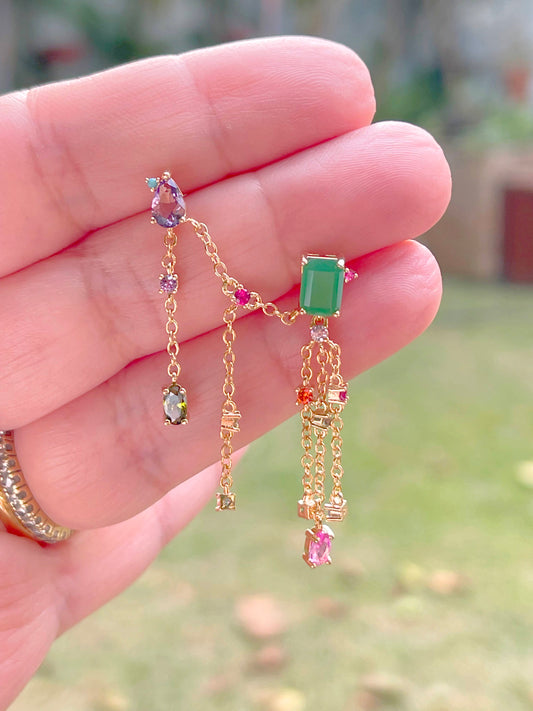 Emerald Crystal and Amethyst Earrings with hanging chains for two holes