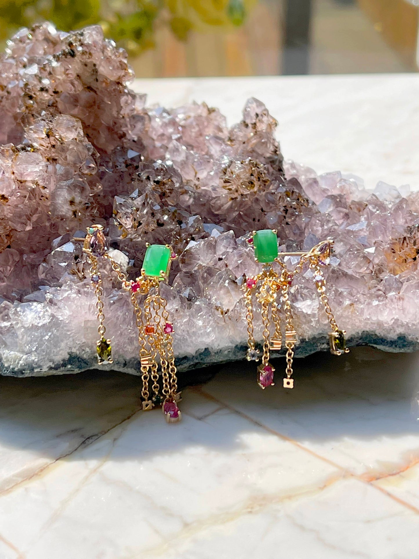 Emerald Crystal and Amethyst Earrings with hanging chains for two holes