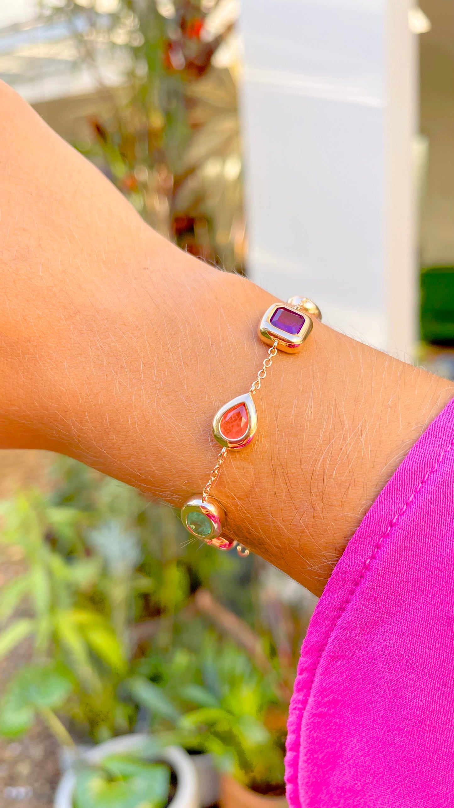 Drop, Square and Oval Shapes Bracelet with Amethyst, Light Tourmaline and Orange Tourmaline