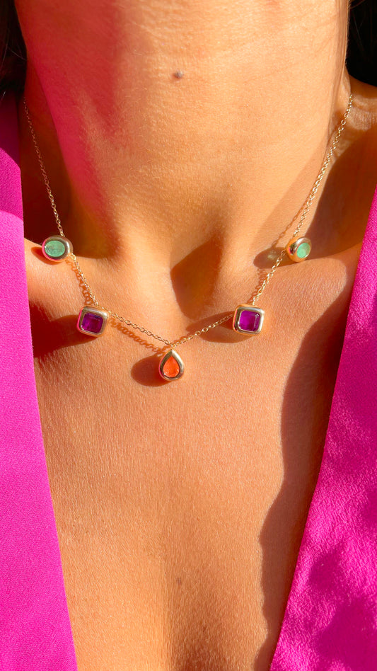 Drop, Square and Oval Shapes Necklace with Fusion Podange, Fusion Amethyst and Fusion Emerald