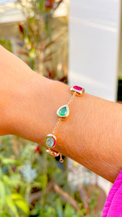 Drop, Square Oval Shapes Bracelet with Light Tourmaline, Fusion Emerald and Pink Tourmaline